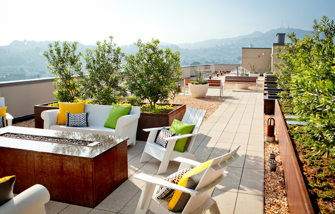 Rooftop lounge with firepit and 360-degree views
