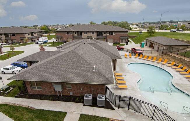 Aerial view of the resort-style pool view at North Pointe Villas luxury townhomes and apartments in Lincoln NE