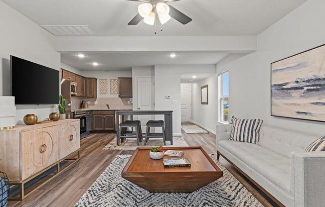 a living room with a couch and a table