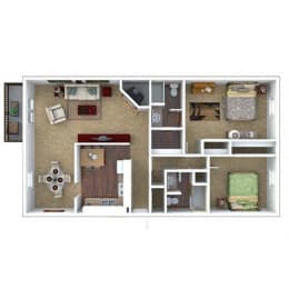 B2 - 2 Bedroom 2 Bath 1,150 Sq. Ft. Floor Plan at London House Apartments, Kansas