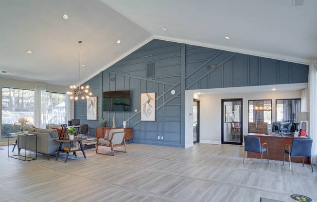 Leasing office area at Mirador at Idlewood in Clarkston, Georgia, with a welcoming reception desk and professional workspace for resident services.