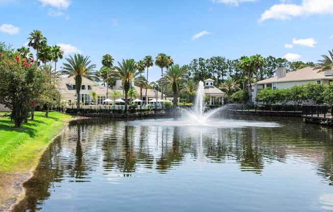 A fountain in the middle of a lake surrounded by palm trees.