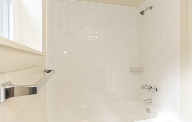 a white bathroom with a shower and a sink