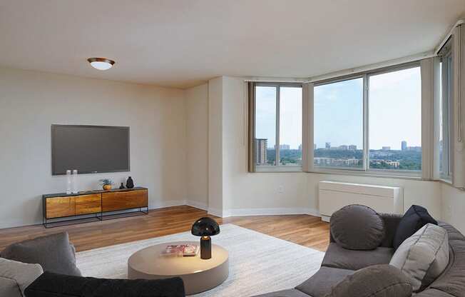 Large living room with city views