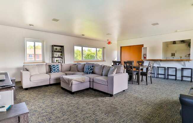 A living room with a grey carpet and a white couch.