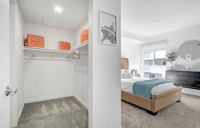 a bedroom with a bed and a closet