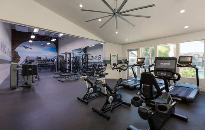 a gym with various exercise equipment and a large wall of windows