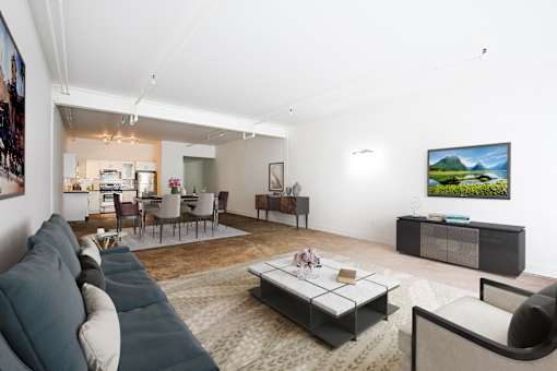 Bakery Loft Interior Staged kitchen, dining, and living