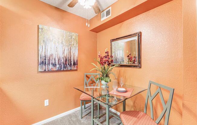 Dining nook with ceiling fan at Country Club at Valley View Senior Apartments in Las Vegas, NV, For Rent. Now leasing 1 and 2 bedroom apartments.