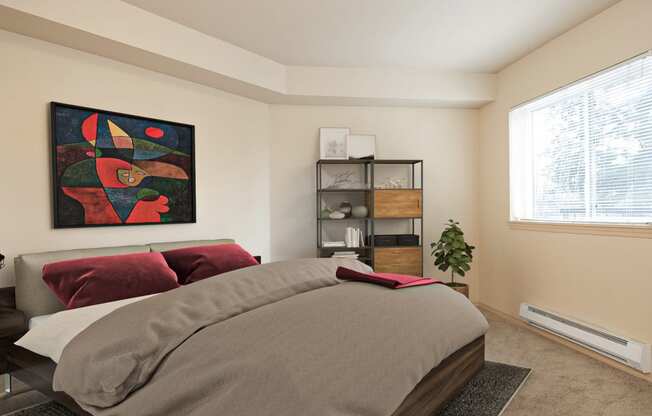 Carpeted bedroom with a queen size bed, abstract painting, shelving unit, and a window at 6 Wood Flats, Lacey, 98503