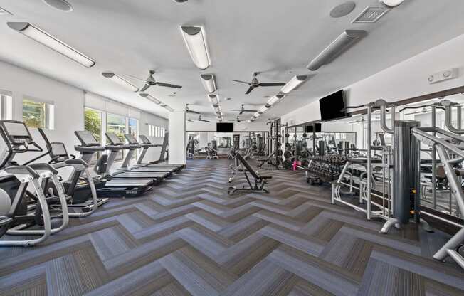 a gym with cardio machines and weights on the floor