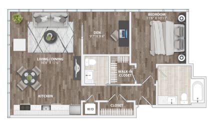 1 bed, 1.5 baths, 838 sqft, $2,579