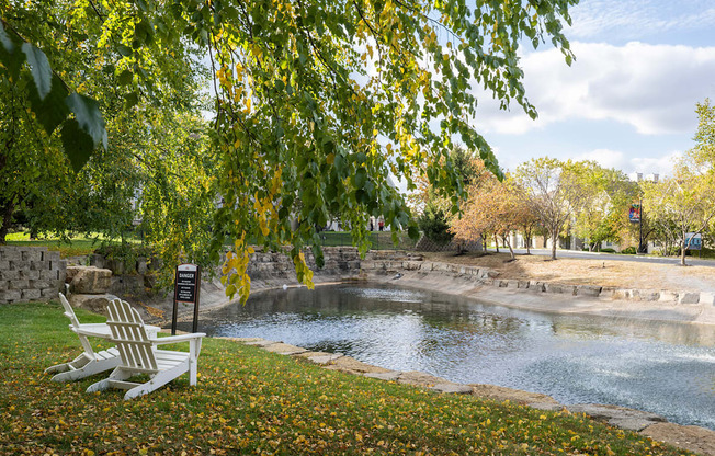a bench sits next to a pond in a park