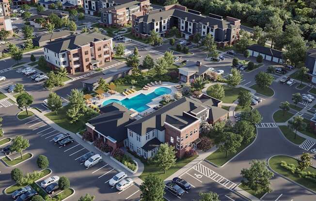 an aerial view of an urban neighbourhood with a swimming pool