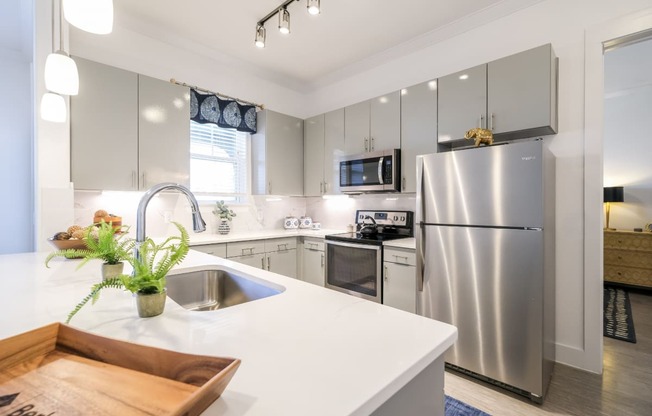 modern kitchen with stainless steel appliances at Reveal on the Lake luxury apartments