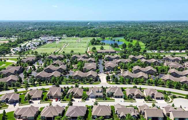 A bird's eye view of a residential neighborhood with houses and a lake in the distance.