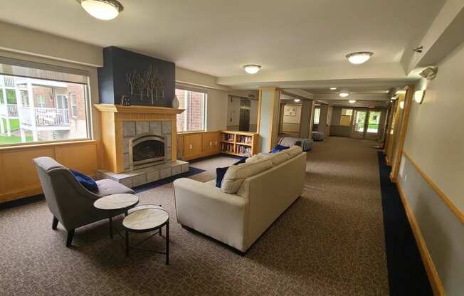A living room with a fireplace and a couch.