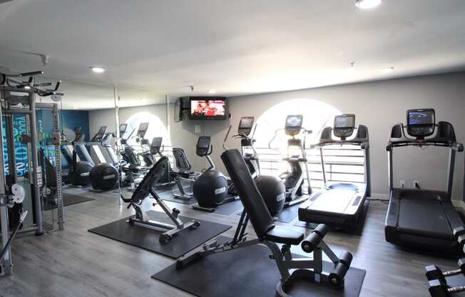 a gym with cardio equipment and a tv on the wall