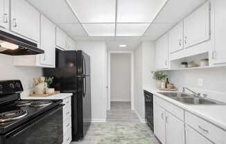 A kitchen with black appliances and white cabinets.