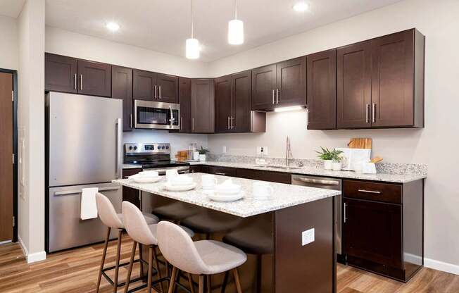 full kitchen with stainless steel appliances and granite counter tops. Circle Pines, MN Lexington Lofts