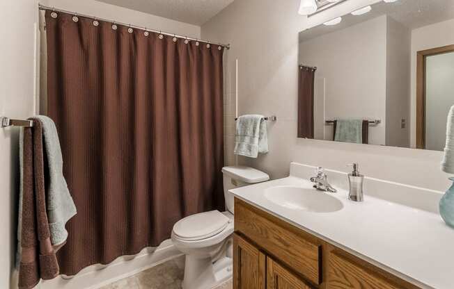 Bathroom with white countertop and brown shower curtain