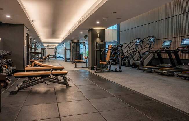 A gym with treadmills and exercise equipment.