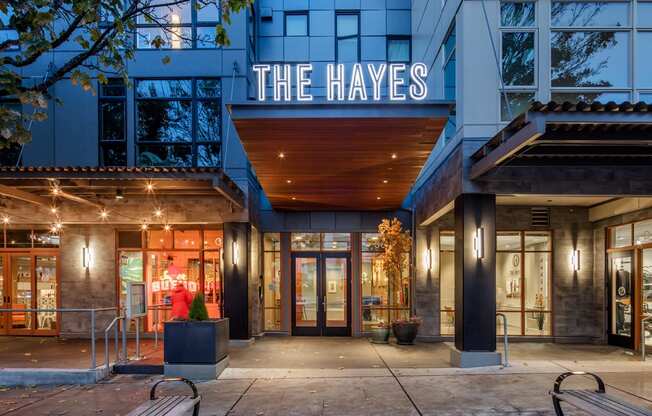 The Hayes on Stone Way Apartments exterior at night at The Hayes on Stone Way, Washington, 98103