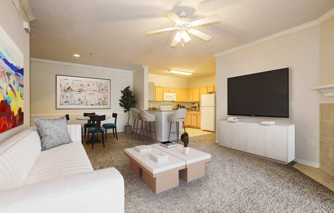 a living room with a white couch and a television