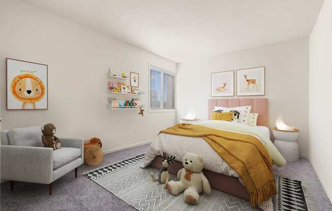 A child's bedroom with a bed, chair, and stuffed animals.