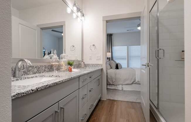 a bathroom with a sink and a shower and a mirror