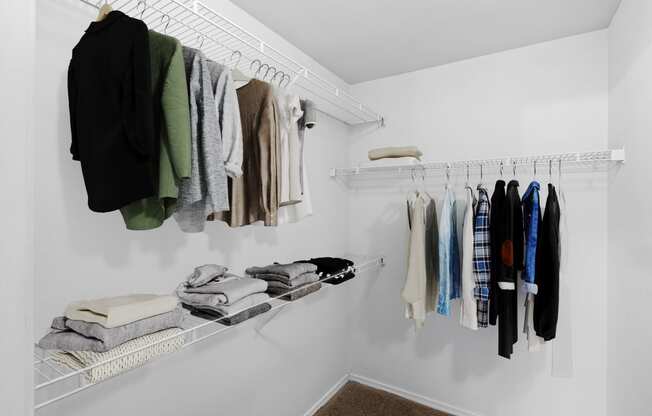 a walk in closet with white shelves and a white rod with clothes hanging on it