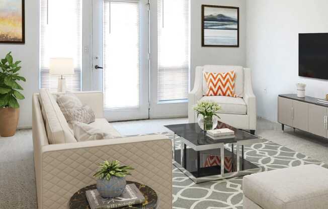 a living room with white furniture and a gray and white rug