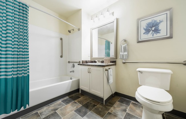 a bathroom with a white toilet and a blue shower curtain at Mill Pond Apartments, Auburn