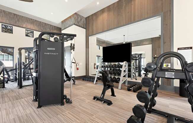 fitness room at ironridge at hill country village apartments