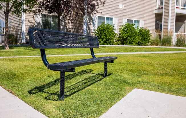 A black bench sits on a patch of green grass.
