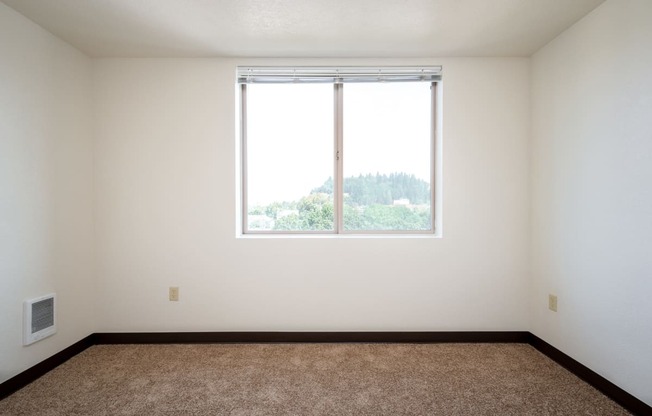 an empty room with a large window and a carpet