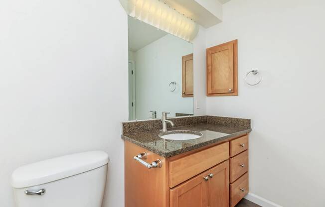 a bathroom with a sink and toilet and a mirror at Delano, Redmond, WA 98052