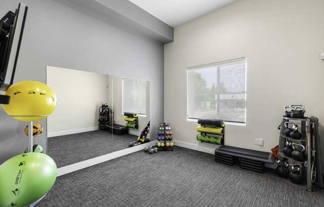 Carpeted Fitness Room with Exercise Balls and Mirrored Wall at Arabella Apartment Homes, Shoreline, Washington 98155