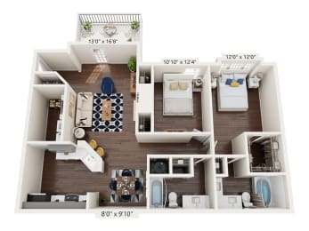 2 beds, 2 baths, 1,228 sqft, $1,534