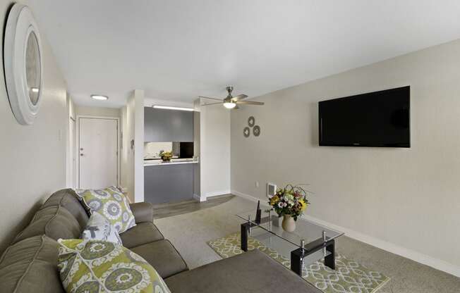 Furnished Living Room with a Couch, Glass Coffee Table, and Television at Campo Basso Apartment Homes, Washington