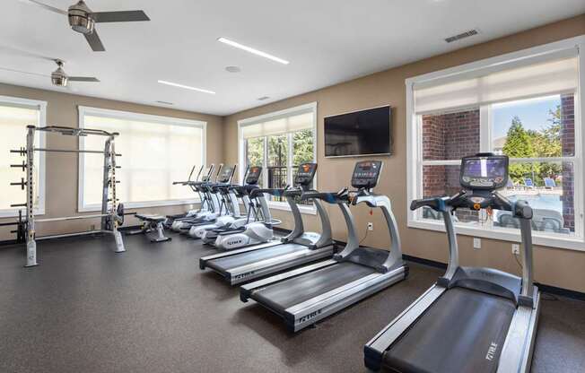 A gym with treadmills, weights, and a television.