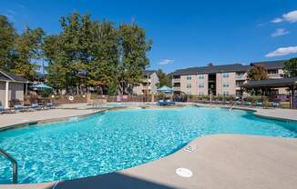 A large swimming pool surrounded by trees and apartment buildings.