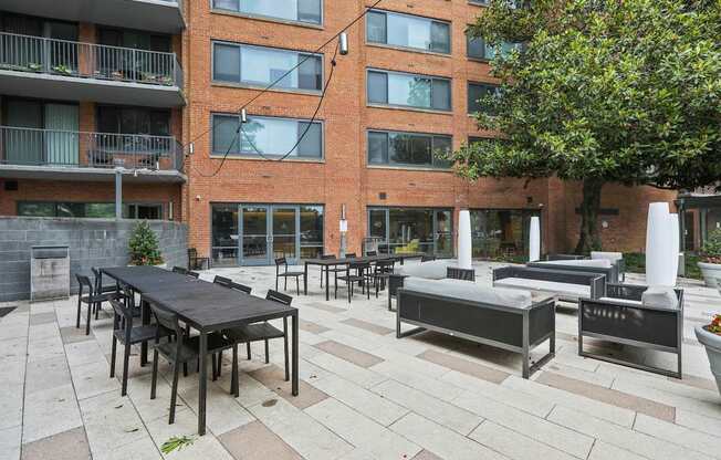 Picnic area with wooden tables at The Graham at Southern Towers, Virginia