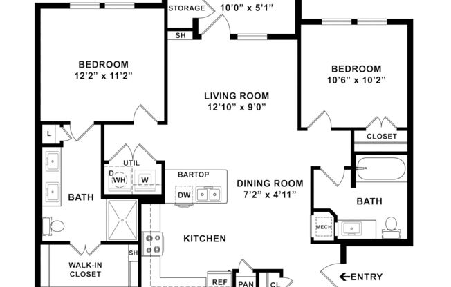 2 beds, 2 baths, 980 sqft, $1,598