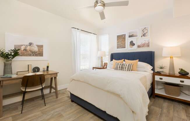 a bedroom with a bed and a desk with a chair