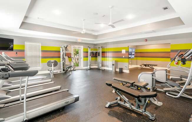 a gym with cardio equipment and weights in a building with yellow and whi at Avalon Apartments Starkville, MS