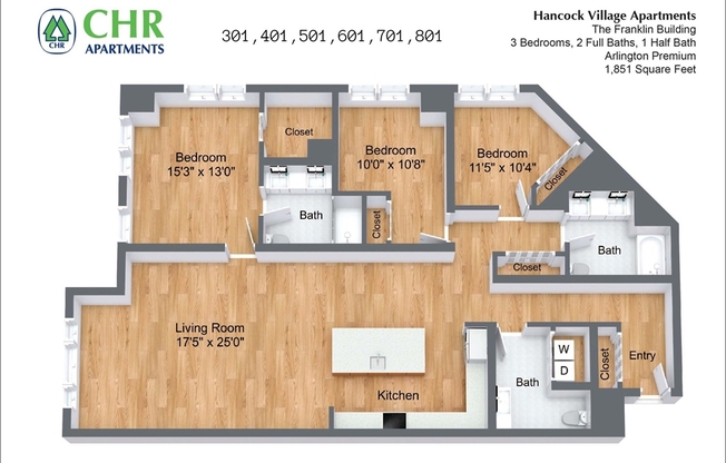 3 beds, 2.5 baths, 1,851 sqft, $6,245, Unit 401