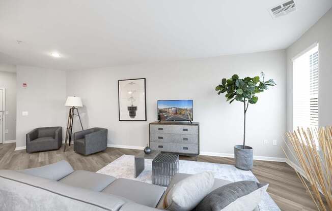 A living room with a grey couch, a grey ottoman, a grey chair, a grey side table, a grey plant, a grey rug, a grey dresser, a grey lamp, a grey wall, a grey floor, a grey at Harbor Pointe Apartments,