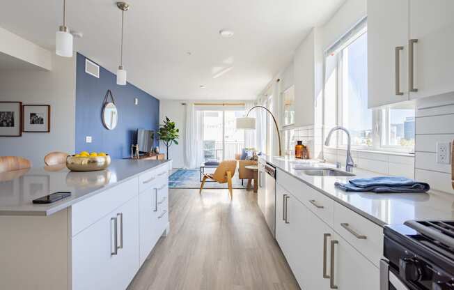 Large kitchen with designer finishes at The Chandler Apartments in North Hollywood