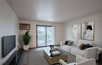 a living room with a white couch and a television. Fargo, ND Prairie Park Apartments